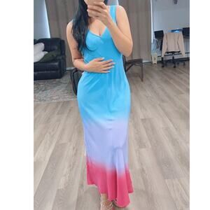120% Lino Italian Midi Azure Silk Quiet Luxury Ombre Coastal Dress 40 XS $938
